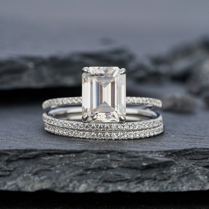 3PCS Moissanite Engagement Ring Set, 3 Carat Emerald Cut Moissanite Bridal Set, 14K 18K White Gold Anniversary Wedding Promise Ring Gift - ShainJewelry