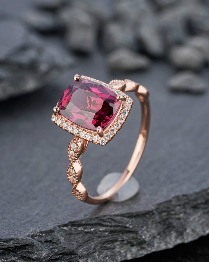 Vintage Natural Rhodolite Garnet Engagement Ring, Unique Red Garnet Wedding Ring, Art Deco Cushion Cut Garnet Halo Promise Ring Gift for Her - ShainJewelry