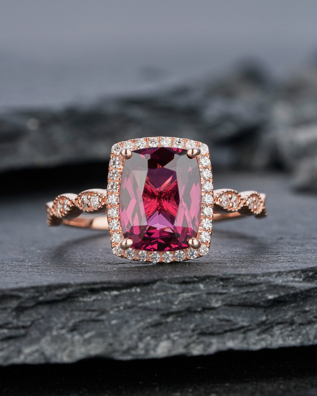 Vintage Natural Rhodolite Garnet Engagement Ring, Unique Red Garnet Wedding Ring, Art Deco Cushion Cut Garnet Halo Promise Ring Gift for Her - ShainJewelry