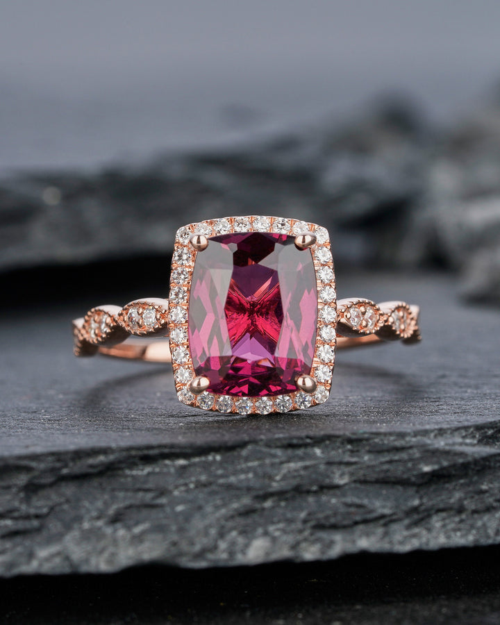 Vintage Natural Rhodolite Garnet Engagement Ring, Unique Red Garnet Wedding Ring, Art Deco Cushion Cut Garnet Halo Promise Ring Gift for Her - ShainJewelry