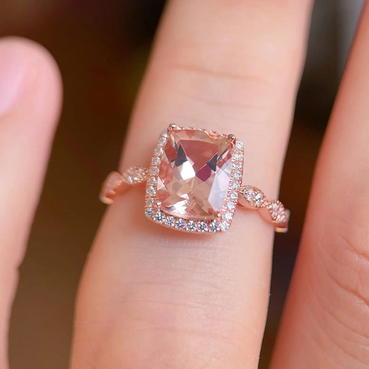 Vintage 2 Carat Peach Morganite Halo Engagement Ring, Cushion Cut Pink Morganite Wedding Ring 14k 18k Rose Gold 2 Carat Promise Ring for her - ShainJewelry