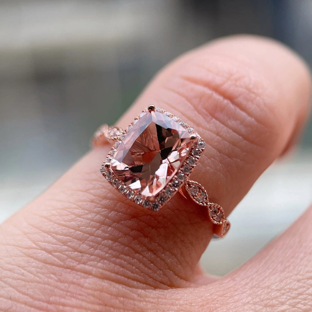Vintage 2 Carat Peach Morganite Halo Engagement Ring, Cushion Cut Pink Morganite Wedding Ring 14k 18k Rose Gold 2 Carat Promise Ring for her - ShainJewelry