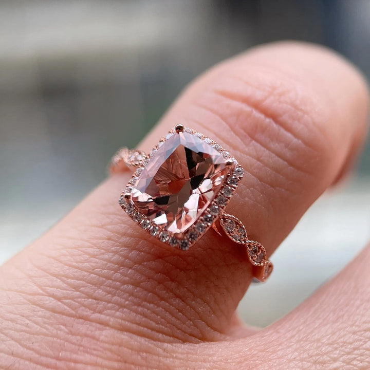 Vintage 2 Carat Peach Morganite Halo Engagement Ring, Cushion Cut Pink Morganite Wedding Ring 14k 18k Rose Gold 2 Carat Promise Ring for her - ShainJewelry