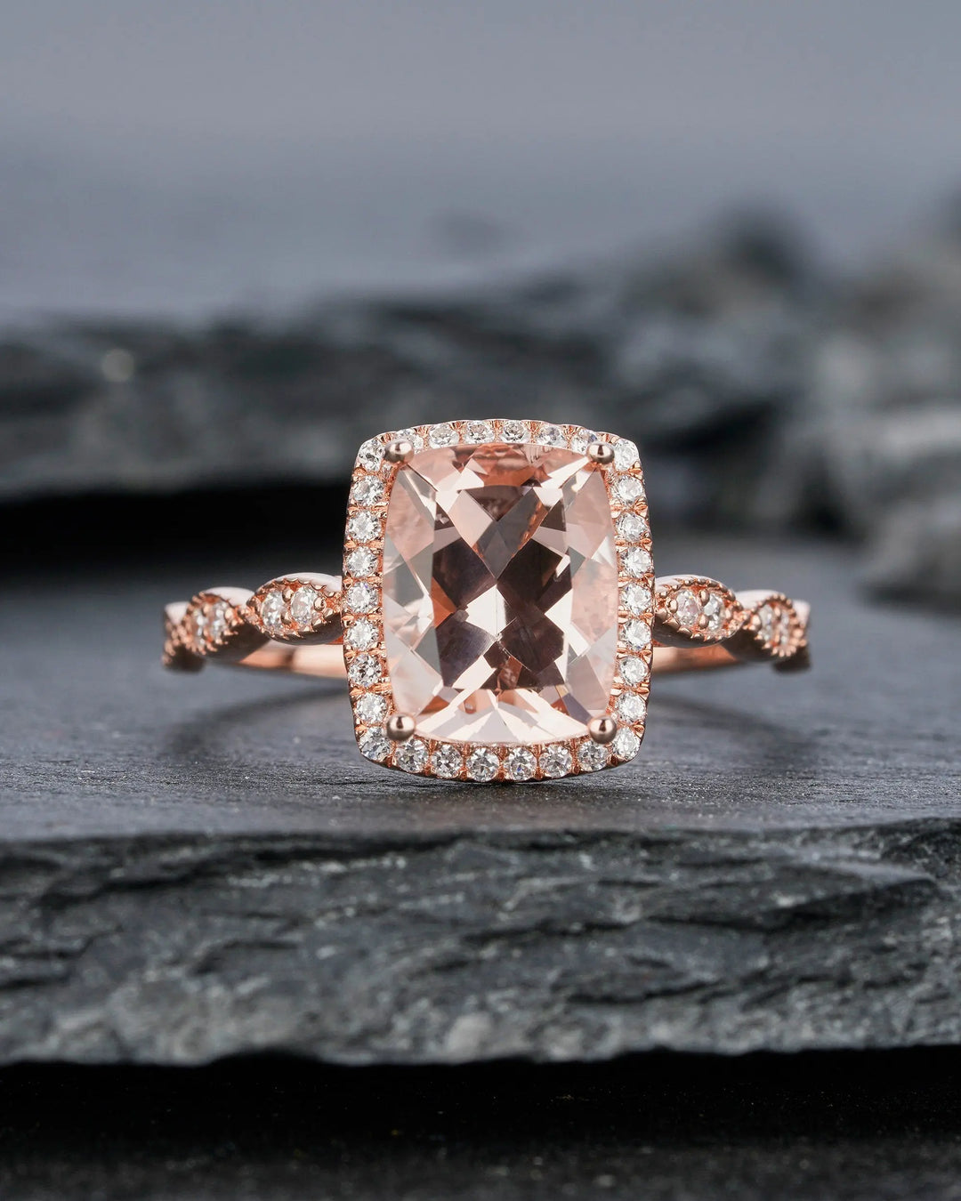 Vintage 2 Carat Peach Morganite Halo Engagement Ring, Cushion Cut Pink Morganite Wedding Ring 14k 18k Rose Gold 2 Carat Promise Ring for her - ShainJewelry