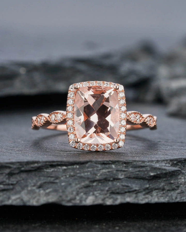 Vintage 2 Carat Peach Morganite Halo Engagement Ring, Cushion Cut Pink Morganite Wedding Ring 14k 18k Rose Gold 2 Carat Promise Ring for her - ShainJewelry