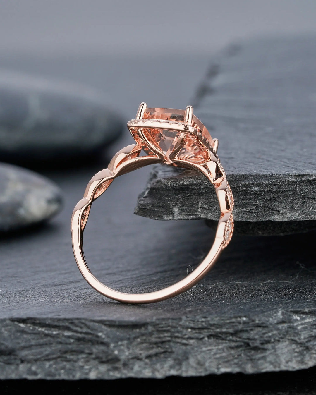 Vintage 2 Carat Peach Morganite Halo Engagement Ring, Cushion Cut Pink Morganite Wedding Ring 14k 18k Rose Gold 2 Carat Promise Ring for her - ShainJewelry