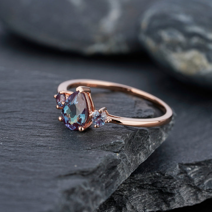 Dainty Pear Cut Alexandrite Engagement Ring, 14K Rose Gold June Birthstone Ring, Vintage Alexandrite Wedding Ring, Three Stone Promise Ring - ShainJewelry