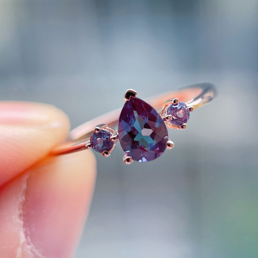 Dainty Pear Cut Alexandrite Engagement Ring, 14K Rose Gold June Birthstone Ring, Vintage Alexandrite Wedding Ring, Three Stone Promise Ring - ShainJewelry