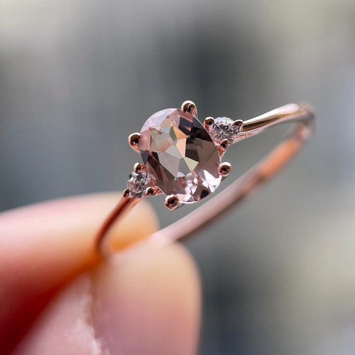 Rose Gold Morganite Engagement Ring, Pink Morganite Wedding Ring, Oval Cut Peach Morganite Promise Ring, Sterling Sliver Morganite Ring Gift - ShainJewelry
