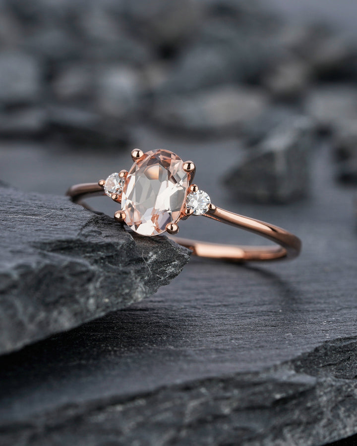 Rose Gold Morganite Engagement Ring, Pink Morganite Wedding Ring, Oval Cut Peach Morganite Promise Ring, Sterling Sliver Morganite Ring Gift - ShainJewelry