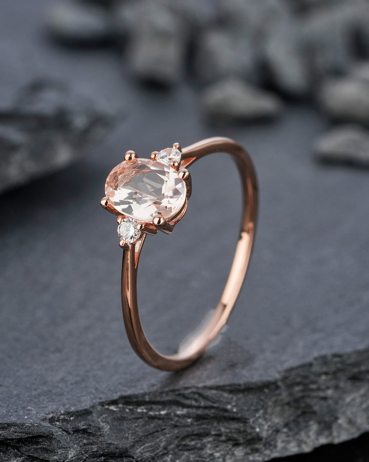 Rose Gold Morganite Engagement Ring, Pink Morganite Wedding Ring, Oval Cut Peach Morganite Promise Ring, Sterling Sliver Morganite Ring Gift - ShainJewelry