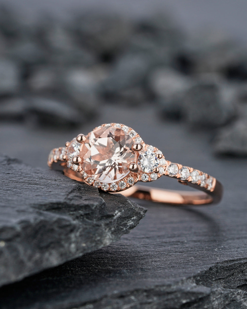 Natural Pink Morganite Engagement Ring, Round Shape Morganite Halo Wedding Ring, Vintage Rose Gold Morganite Promise Ring Gift for Women - ShainJewelry