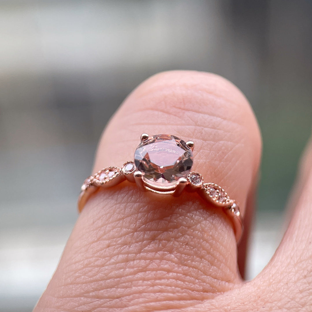 Unique Natural Peach Morganite Engagement Ring, Vintage Round Pink Morganite Wedding Ring, Genuine Morganite Rose Gold Promise Ring Gift - ShainJewelry