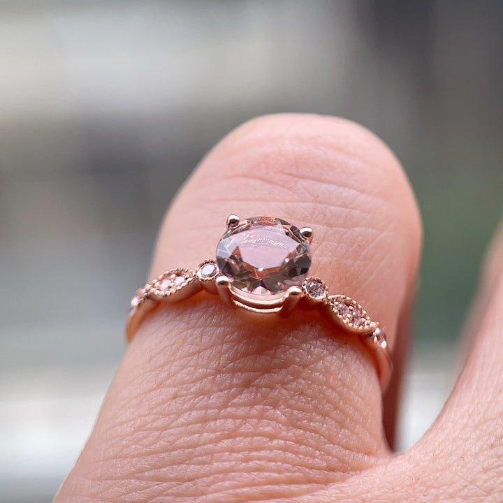 Unique Natural Peach Morganite Engagement Ring, Vintage Round Pink Morganite Wedding Ring, Genuine Morganite Rose Gold Promise Ring Gift - ShainJewelry