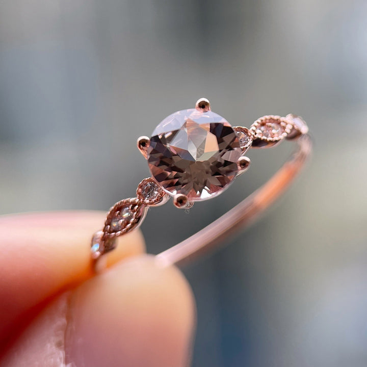 Unique Natural Peach Morganite Engagement Ring, Vintage Round Pink Morganite Wedding Ring, Genuine Morganite Rose Gold Promise Ring Gift - ShainJewelry