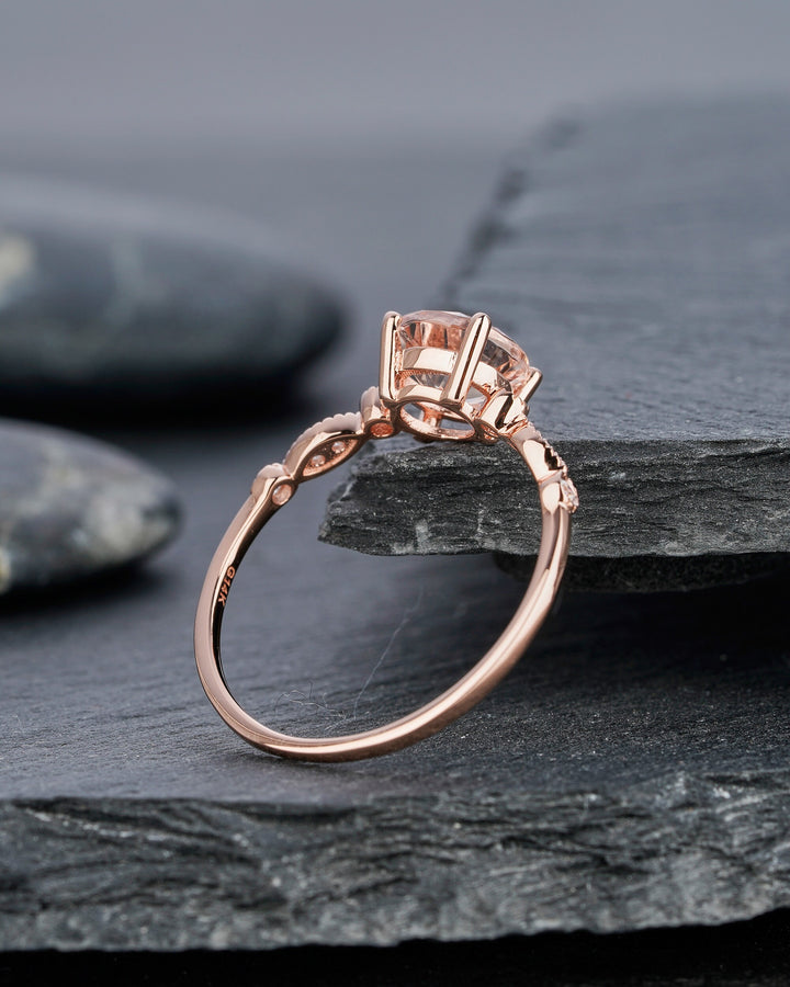Unique Natural Peach Morganite Engagement Ring, Vintage Round Pink Morganite Wedding Ring, Genuine Morganite Rose Gold Promise Ring Gift - ShainJewelry