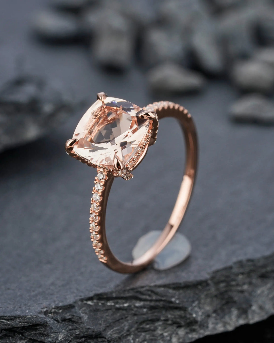 Vintage Pink Morganite and Diamond Engagement Ring, Cushion Morganite Wedding Ring, 14k Rose Gold Hidden Halo Morganite Promise Ring for her - ShainJewelry
