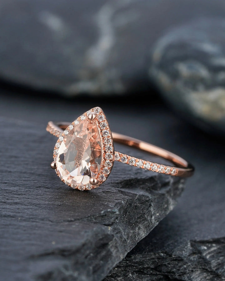 Vintage Pear Cut Peach Morganite Diamond Engagement Ring, Teardrop Pink Morganite Wedding Ring, 14K Rose Gold Morganite Halo Promise Ring, - ShainJewelry