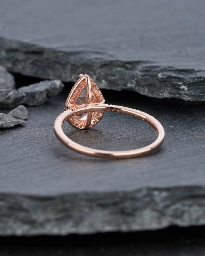 Vintage Pear Cut Peach Morganite Diamond Engagement Ring, Teardrop Pink Morganite Wedding Ring, 14K Rose Gold Morganite Halo Promise Ring, - ShainJewelry
