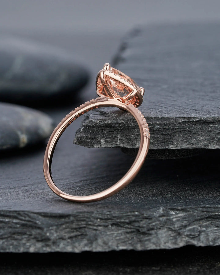 Vintage Pear Cut Peach Morganite Diamond Engagement Ring, Teardrop Pink Morganite Wedding Ring, 14K Rose Gold Morganite Halo Promise Ring, - ShainJewelry