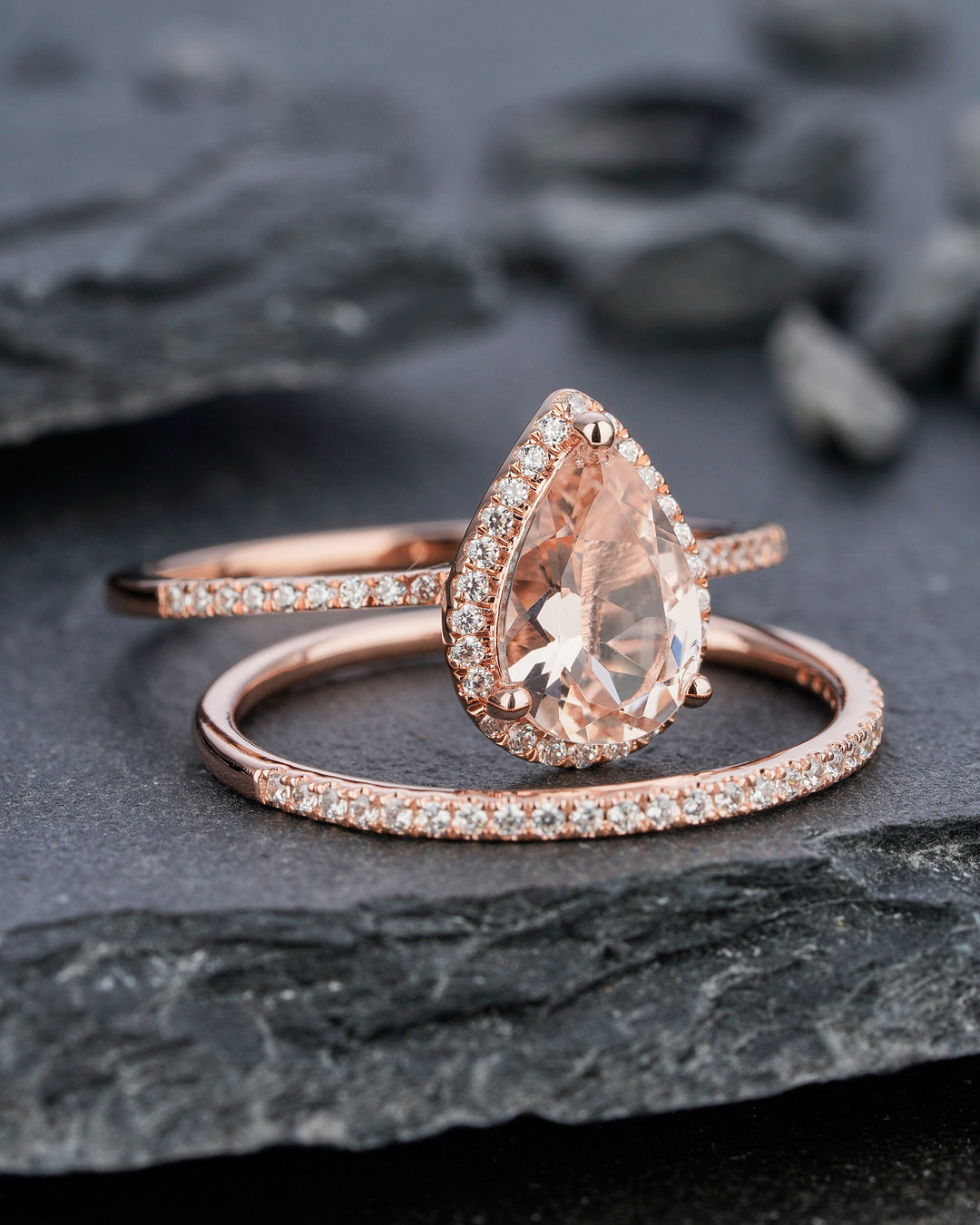 Vintage Pear Shaped Peach Morganite Engagement Ring Set Teardrop Pink Morganite Wedding Set 14K Rose Gold Bridal Set Halo Stack Promise Ring - ShainJewelry