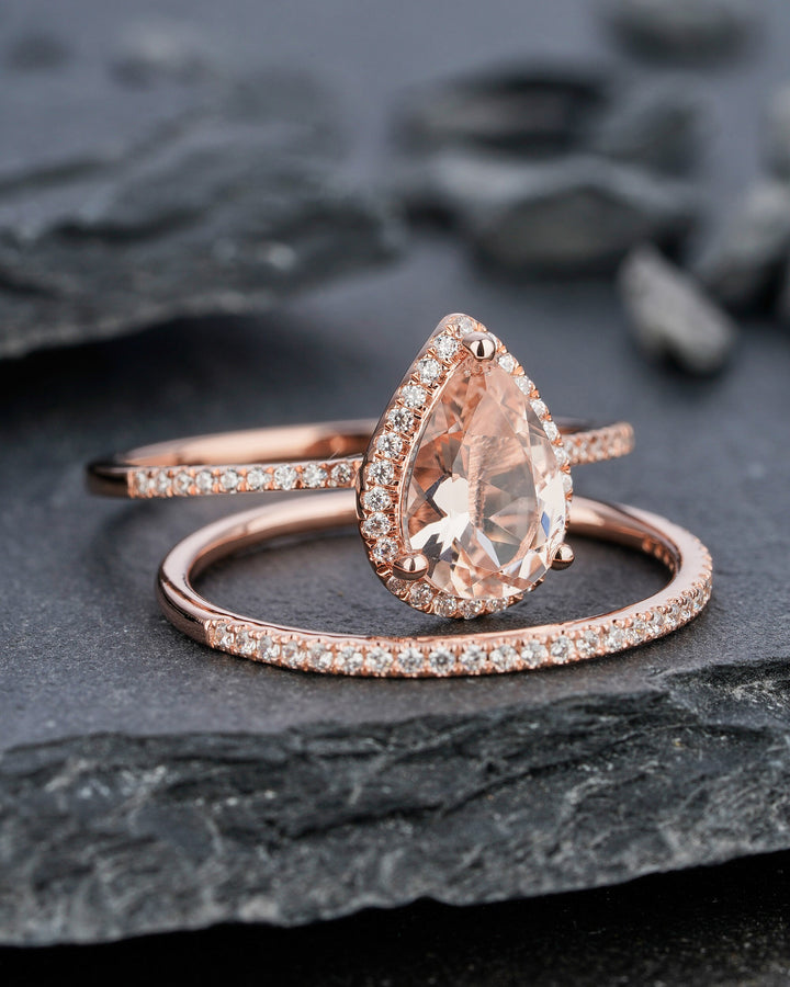 Vintage Pear Shaped Peach Morganite Engagement Ring Set Teardrop Pink Morganite Wedding Set 14K Rose Gold Bridal Set Halo Stack Promise Ring - ShainJewelry