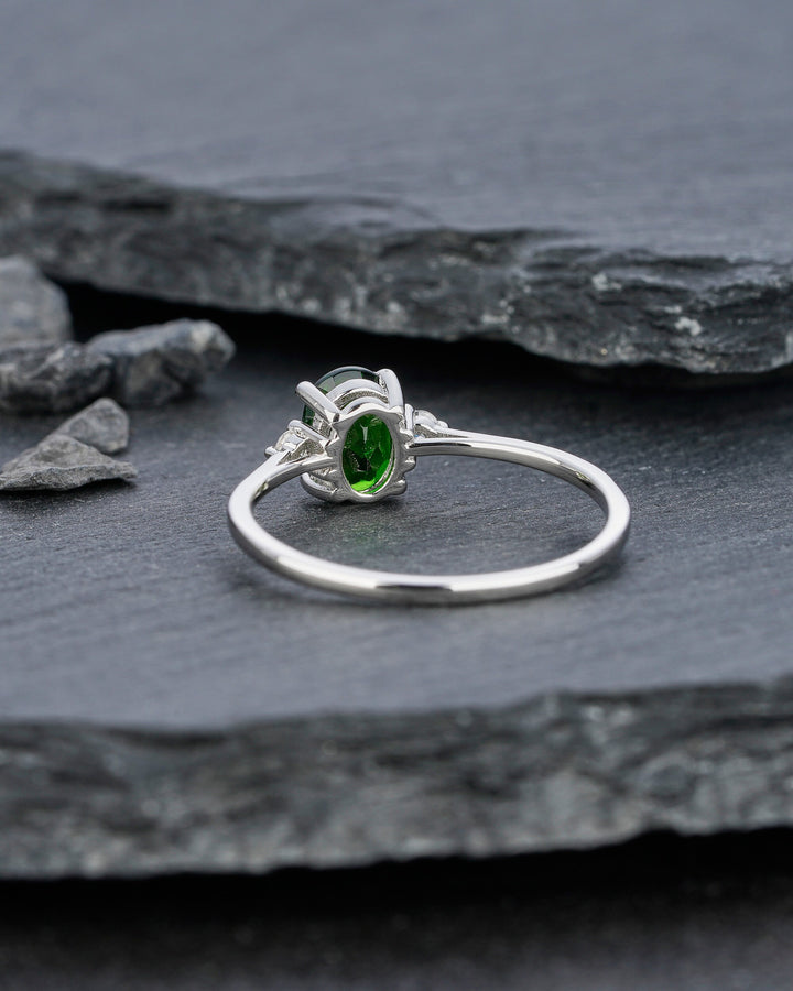 Natural Emerald Engagement Ring, Vintage Emerald Wedding Ring, Three Stone Ring, Oval Cut White Gold Promise Ring Sliver Anniversary Ring - ShainJewelry