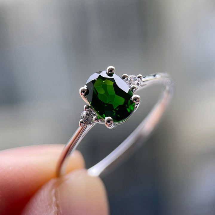 Natural Emerald Engagement Ring, Vintage Emerald Wedding Ring, Three Stone Ring, Oval Cut White Gold Promise Ring Sliver Anniversary Ring - ShainJewelry