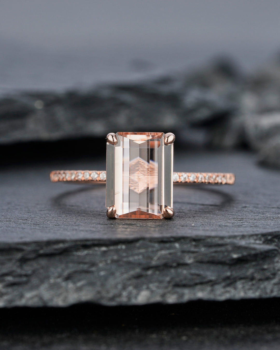 Vintage Peach Morganite Engagement Ring, 2 Ct Emerald Cut Pink Morganite Wedding Ring, 14K Rose Gold Anniversary Promise Ring Gift for Women - ShainJewelry
