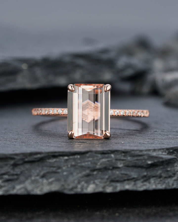 Vintage Peach Morganite Engagement Ring, 2 Ct Emerald Cut Pink Morganite Wedding Ring, 14K Rose Gold Anniversary Promise Ring Gift for Women - ShainJewelry