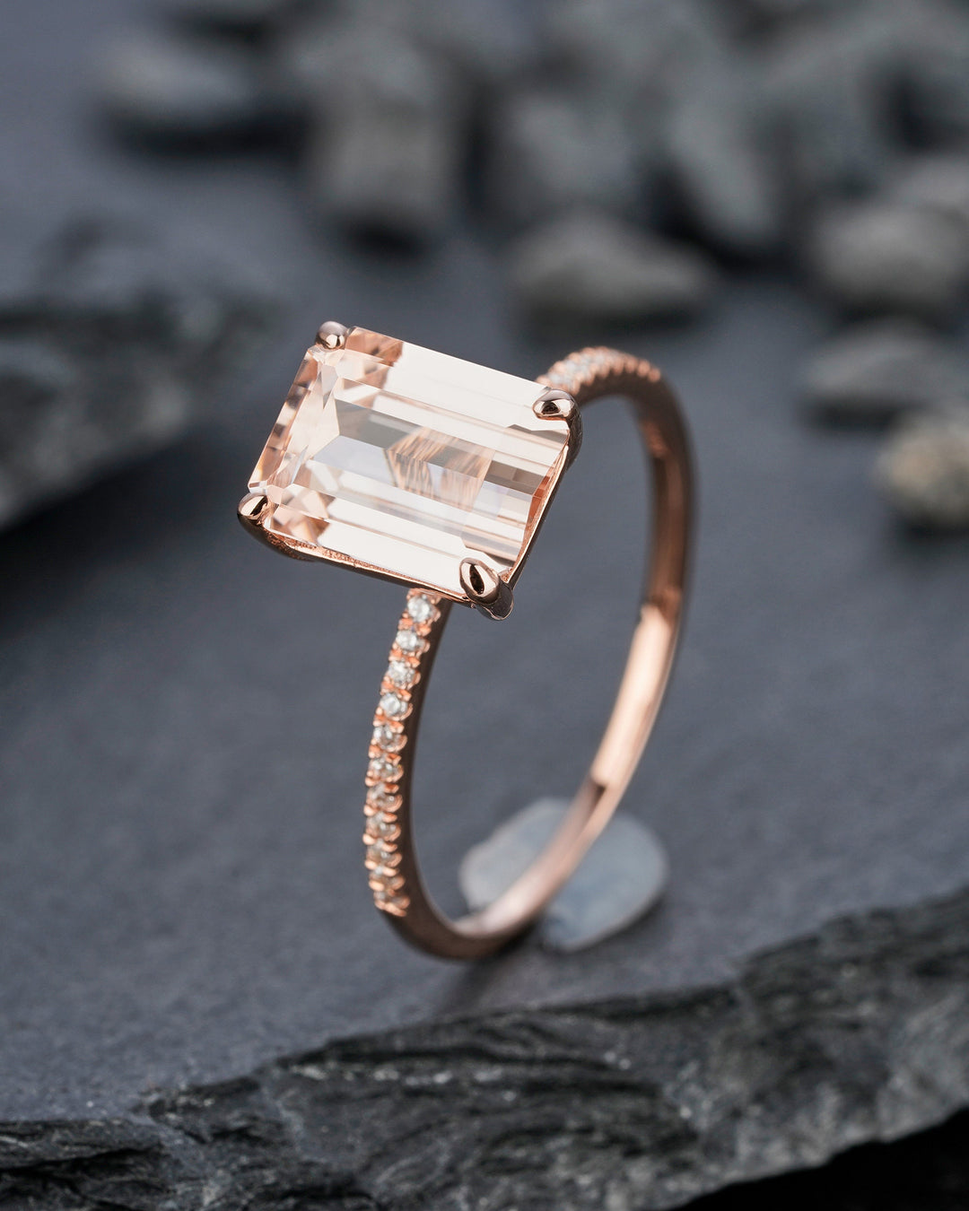 Vintage Peach Morganite Engagement Ring, 2 Ct Emerald Cut Pink Morganite Wedding Ring, 14K Rose Gold Anniversary Promise Ring Gift for Women - ShainJewelry