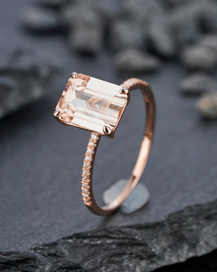Vintage Peach Morganite Engagement Ring, 2 Ct Emerald Cut Pink Morganite Wedding Ring, 14K Rose Gold Anniversary Promise Ring Gift for Women - ShainJewelry