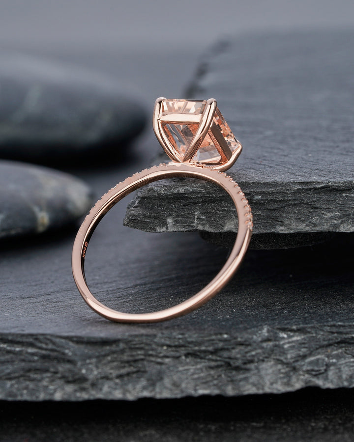 Vintage Peach Morganite Engagement Ring, 2 Ct Emerald Cut Pink Morganite Wedding Ring, 14K Rose Gold Anniversary Promise Ring Gift for Women - ShainJewelry