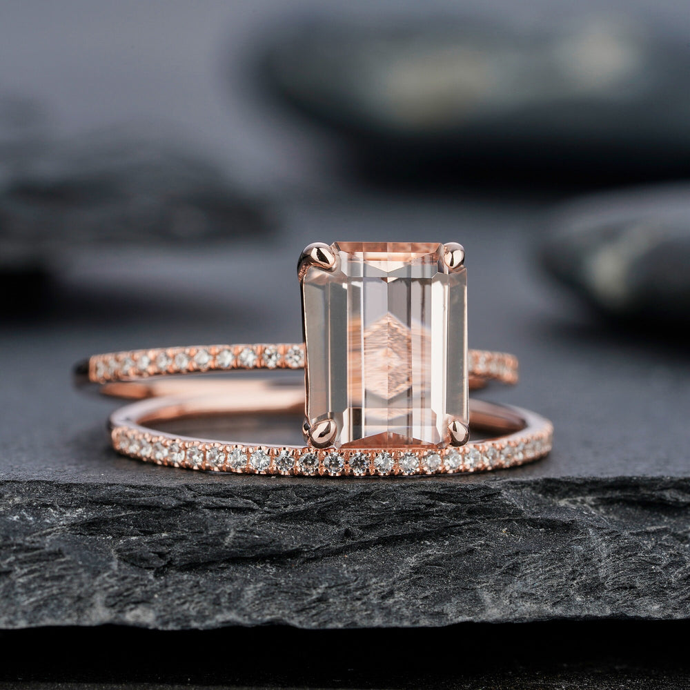 Vintage Pink Morganite and Diamond Engagement Ring Set, Emerald Cut Morganite Wedding Set, Art Deco Rose Gold Bridal Set Promise Ring Gift - ShainJewelry