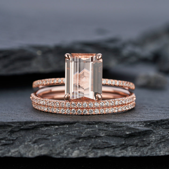Vintage 3PCS Morganite and Diamond Engagement Ring Set, Unique Emerald Cut Pink Morganite Wedding Set, Rose Gold Bridal Set Promise Rings - ShainJewelry