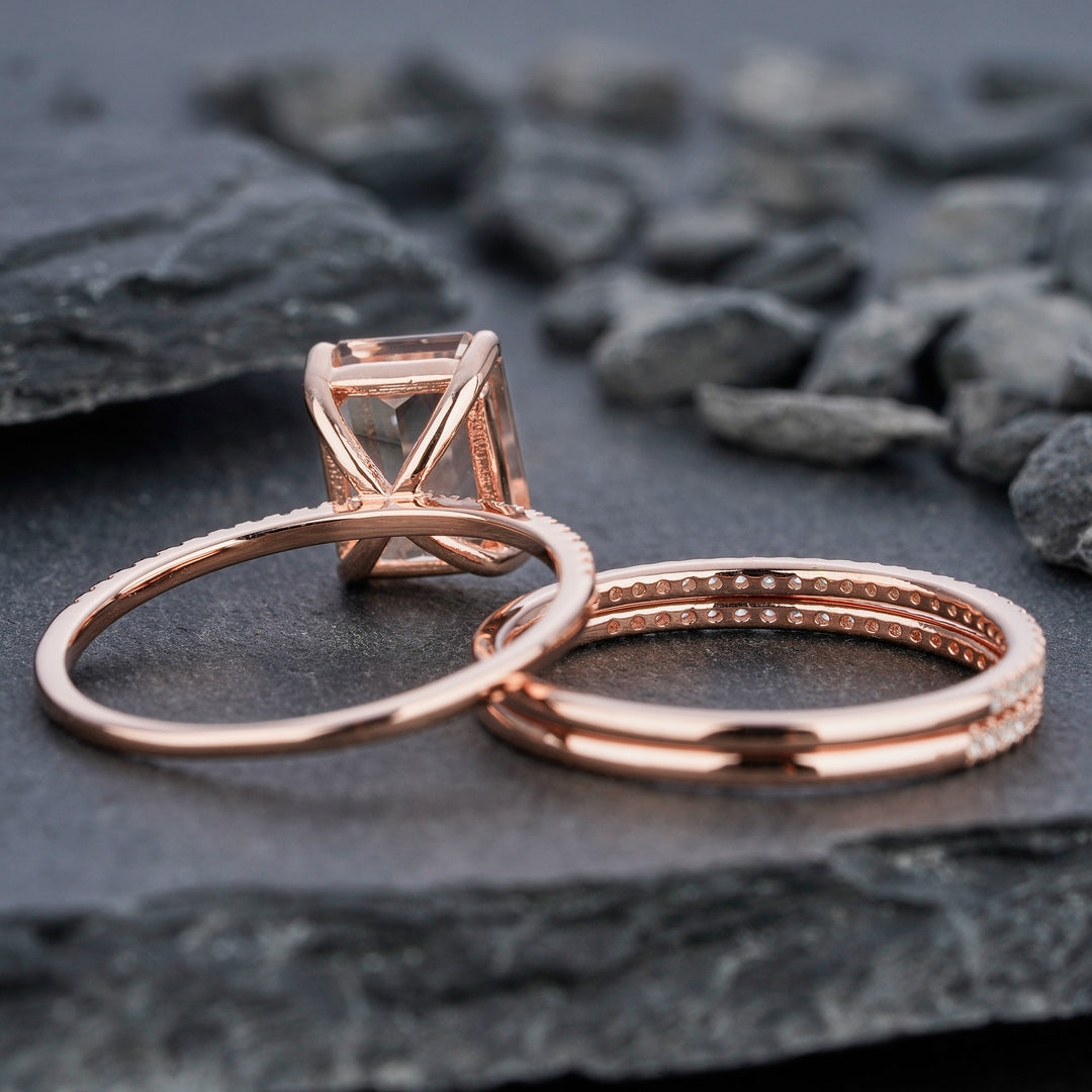 Vintage 3PCS Morganite and Diamond Engagement Ring Set, Unique Emerald Cut Pink Morganite Wedding Set, Rose Gold Bridal Set Promise Rings - ShainJewelry