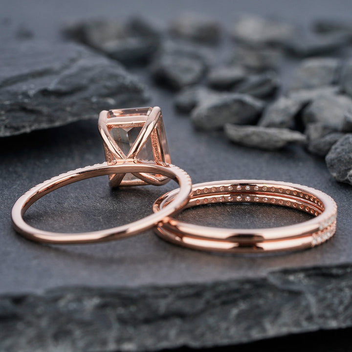 Vintage 3PCS Morganite and Diamond Engagement Ring Set, Unique Emerald Cut Pink Morganite Wedding Set, Rose Gold Bridal Set Promise Rings - ShainJewelry