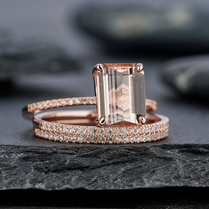 Vintage 3PCS Morganite and Diamond Engagement Ring Set, Unique Emerald Cut Pink Morganite Wedding Set, Rose Gold Bridal Set Promise Rings - ShainJewelry