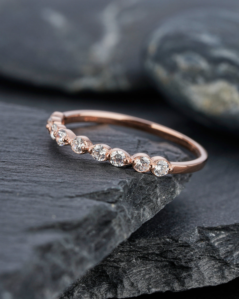 Vintage Moissanite Wedding Band, Stackable Half Eternity Art Deco Engagement Ring, Anniversary Promise Ring ,Vintage Rose Gold Matching Band - ShainJewelry
