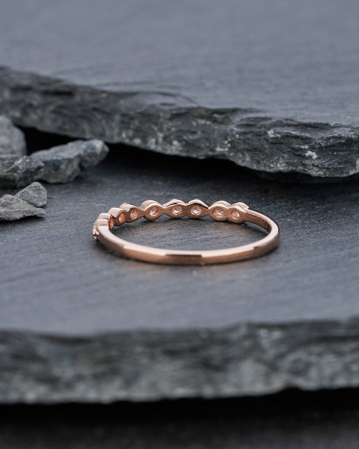 Vintage Moissanite Wedding Band, Stackable Half Eternity Art Deco Engagement Ring, Anniversary Promise Ring ,Vintage Rose Gold Matching Band - ShainJewelry