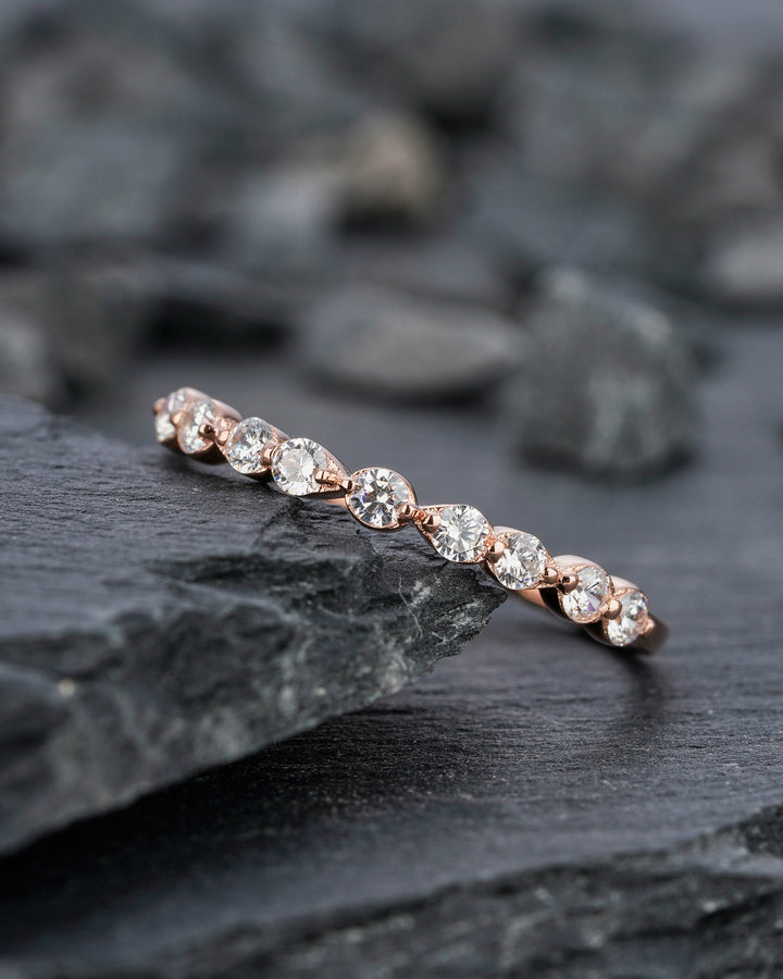 Vintage Moissanite Wedding Band, Stackable Half Eternity Art Deco Engagement Ring, Anniversary Promise Ring ,Vintage Rose Gold Matching Band - ShainJewelry