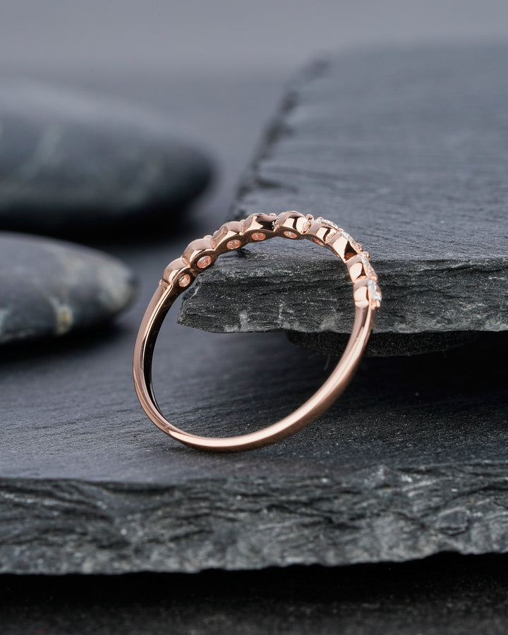 Vintage Moissanite Wedding Band, Stackable Half Eternity Art Deco Engagement Ring, Anniversary Promise Ring ,Vintage Rose Gold Matching Band - ShainJewelry