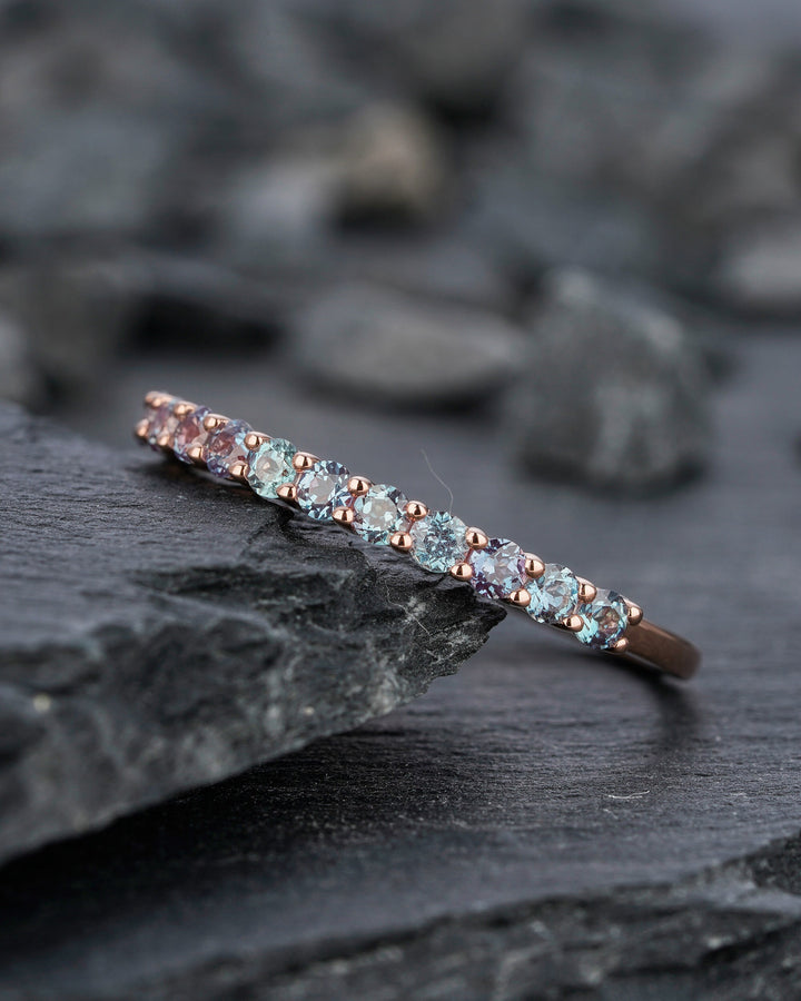 Alexandrite Wedding Band, Vintage White Gold Alexandrite Matching Band, Half Eternity Art Deco Engagement Anniversary Promise Ring for Women - ShainJewelry