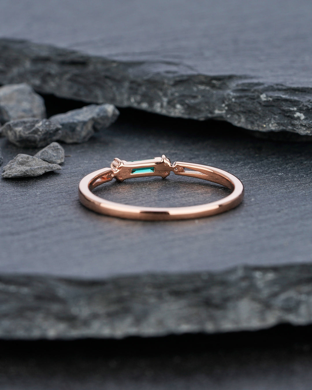 Vintage Baguette Emerald Wedding Band, Rose Gold Emerald Matching Band, Cluster Moissanite Anniversary Ring, Art Deco Emerald Promise Ring - ShainJewelry