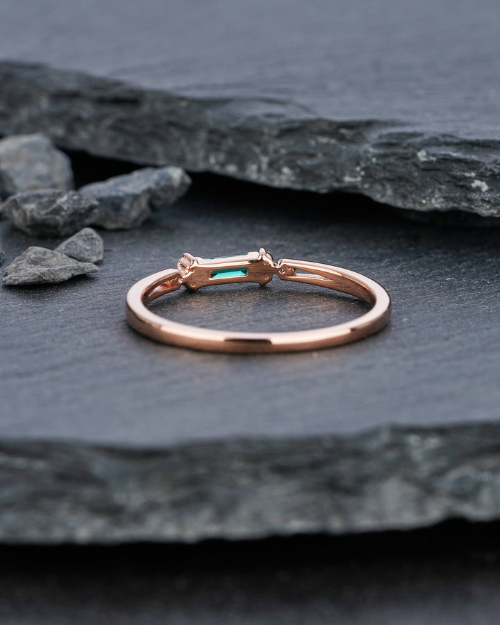 Vintage Baguette Emerald Wedding Band, Rose Gold Emerald Matching Band, Cluster Moissanite Anniversary Ring, Art Deco Emerald Promise Ring - ShainJewelry