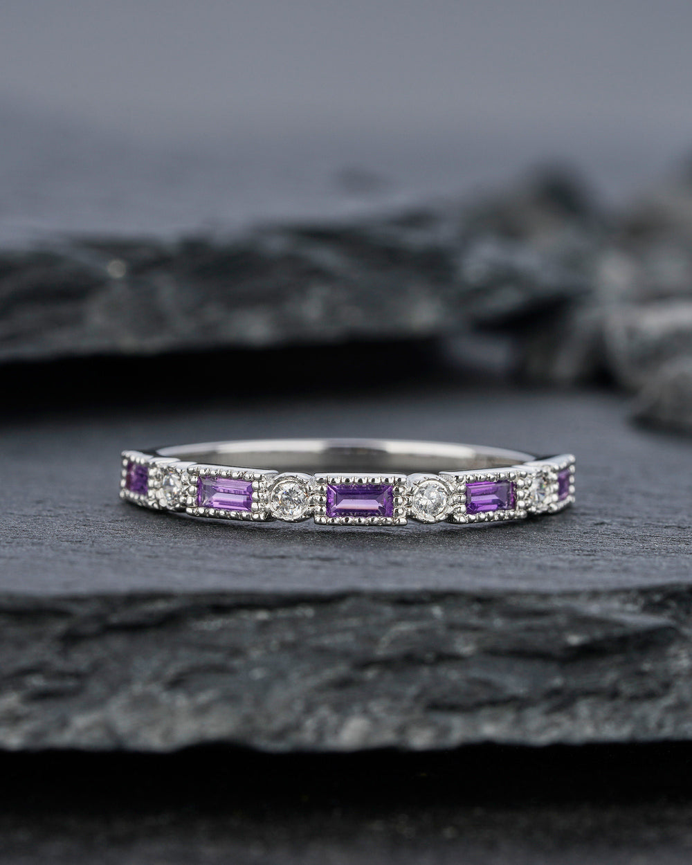 Vintage Purple Amethyst Wedding Band, Half Eternity Engagement Ring, Baguette Cut Amethyst Matching Band, February Birthstone Promise Ring - ShainJewelry