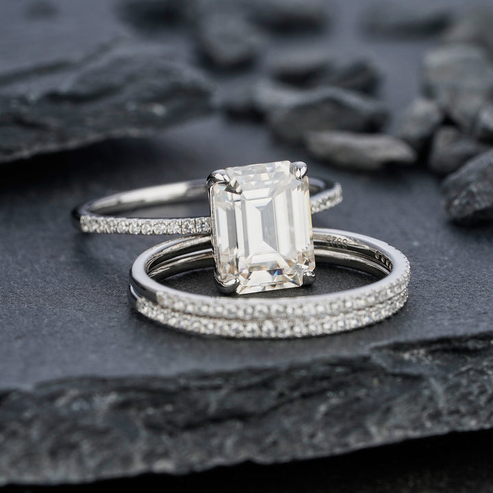 3PCS Moissanite Engagement Ring Set, 3 Carat Emerald Cut Moissanite Bridal Set, 14K 18K White Gold Anniversary Wedding Promise Ring Gift - ShainJewelry