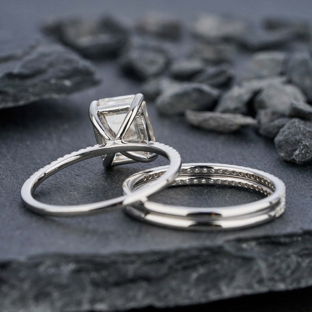3PCS Moissanite Engagement Ring Set, 3 Carat Emerald Cut Moissanite Bridal Set, 14K 18K White Gold Anniversary Wedding Promise Ring Gift - ShainJewelry