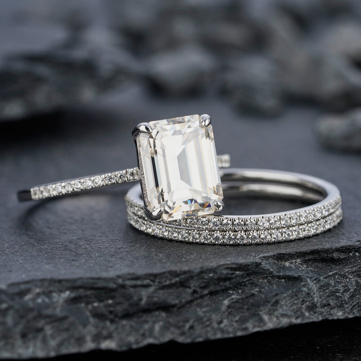 3PCS Moissanite Engagement Ring Set, 3 Carat Emerald Cut Moissanite Bridal Set, 14K 18K White Gold Anniversary Wedding Promise Ring Gift - ShainJewelry