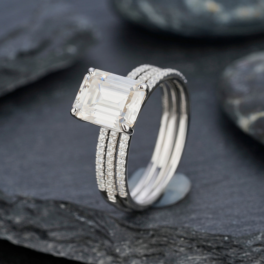 3PCS Moissanite Engagement Ring Set, 3 Carat Emerald Cut Moissanite Bridal Set, 14K 18K White Gold Anniversary Wedding Promise Ring Gift - ShainJewelry